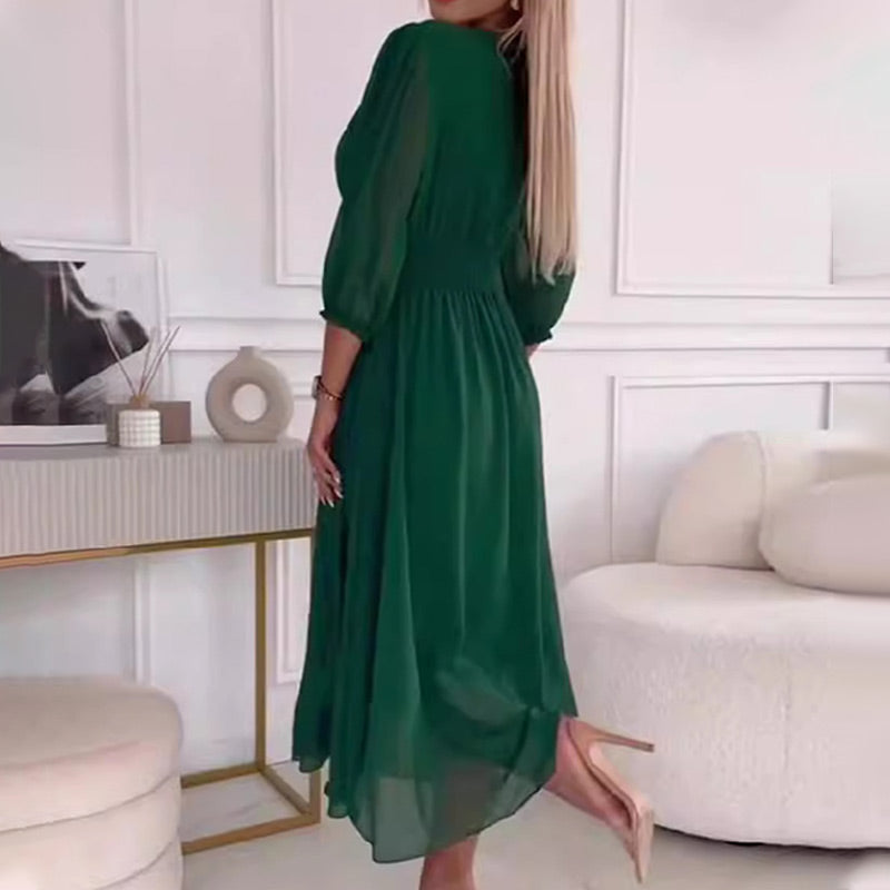 Chiffon Wrap V-Neck Long Puff Sleeve Ruched Waist Midi Dress - View 13