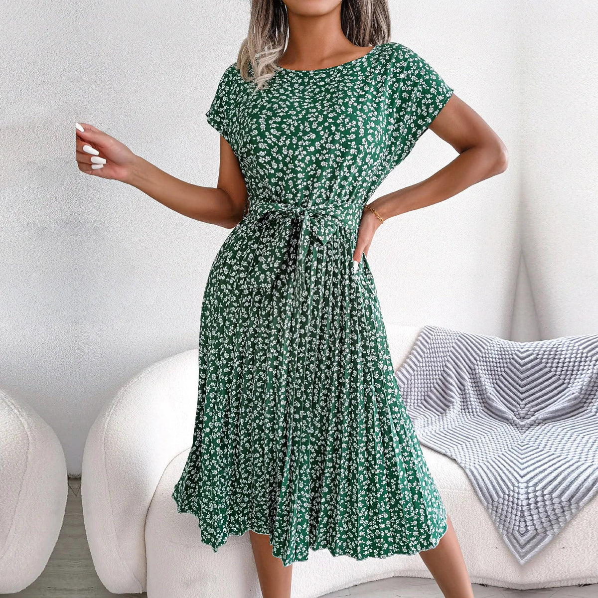 Floral Print Crew Neck Cap Sleeve Belted Pleated Midi Dress