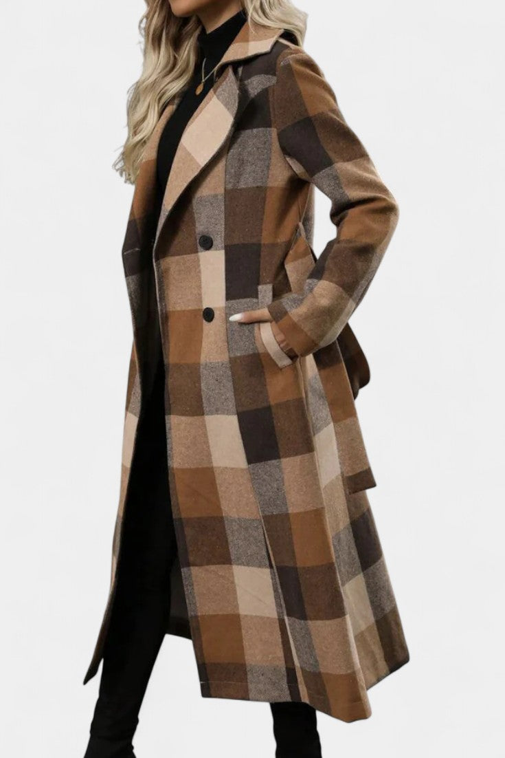 Plaid Double Breasted Notched Lapel Belted Longline Coat 5