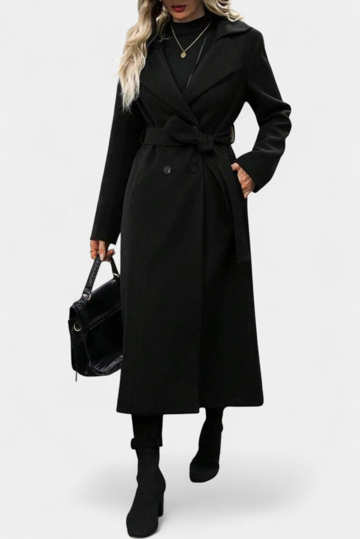 Plaid Double Breasted Notched Lapel Belted Longline Coat 11