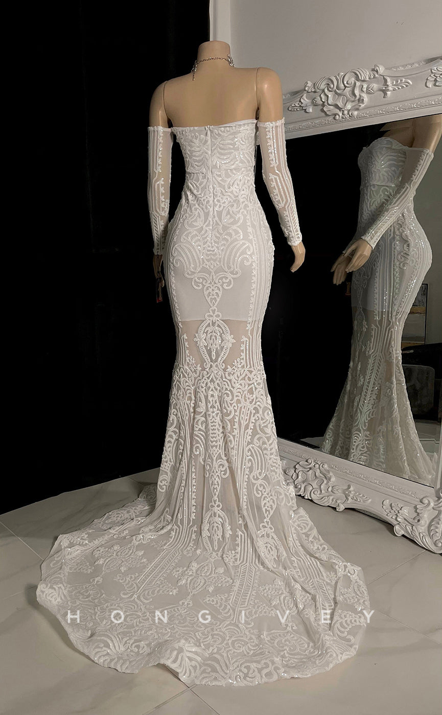 L2893 - Trumpet Off-Shoulder Long Sleeve Appliques Party Prom Evening Dress For Black Women - Fashionpara