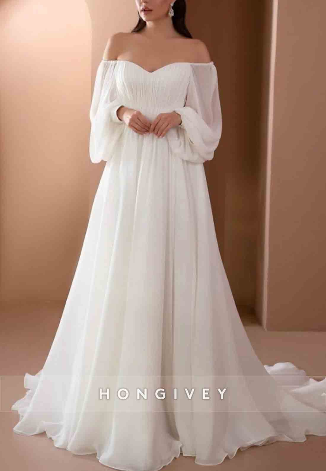 Off the Shoulder V Back A-Line Sweetheart Long Sleeves Court Train Wedding Dresses