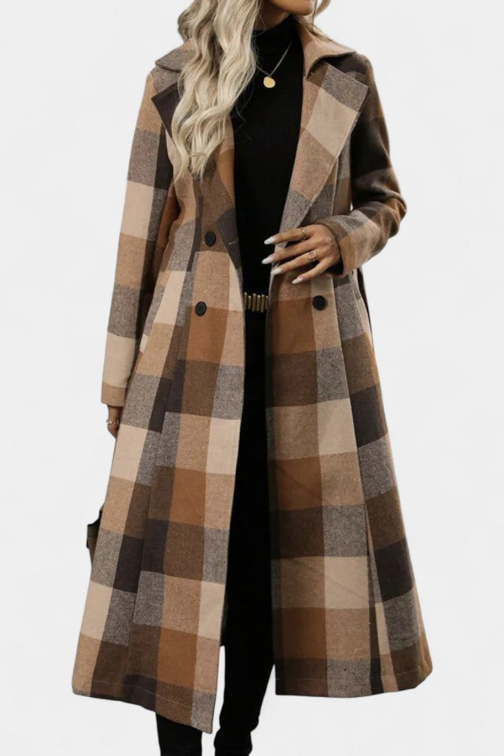 Plaid Double Breasted Notched Lapel Belted Longline Coat 4