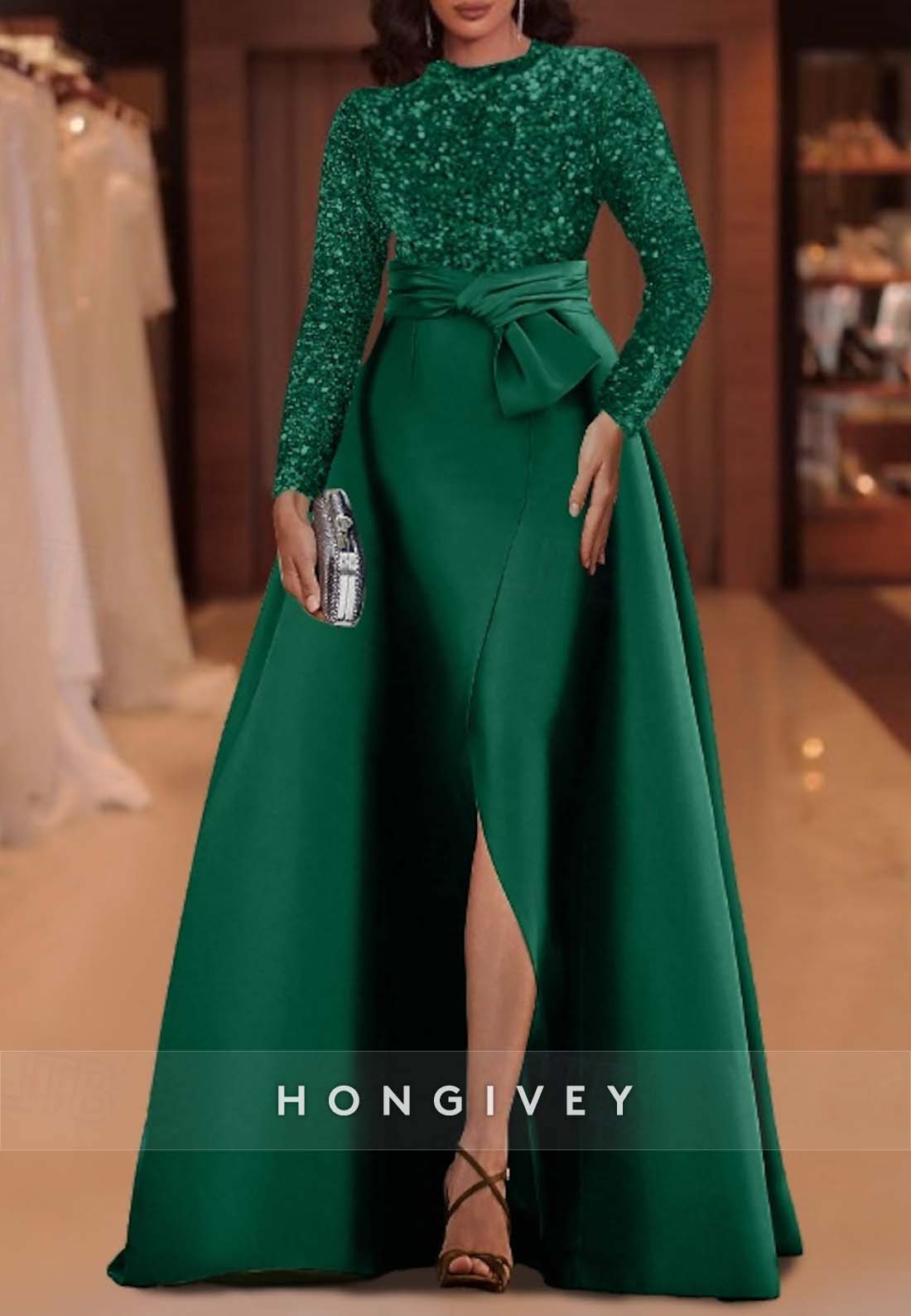 Back Hole Floor-Length Long Sleeve Pleated Glitter A-line Bowknot Evening Gown