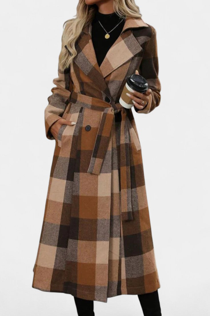 Plaid Double Breasted Notched Lapel Belted Longline Coat 3