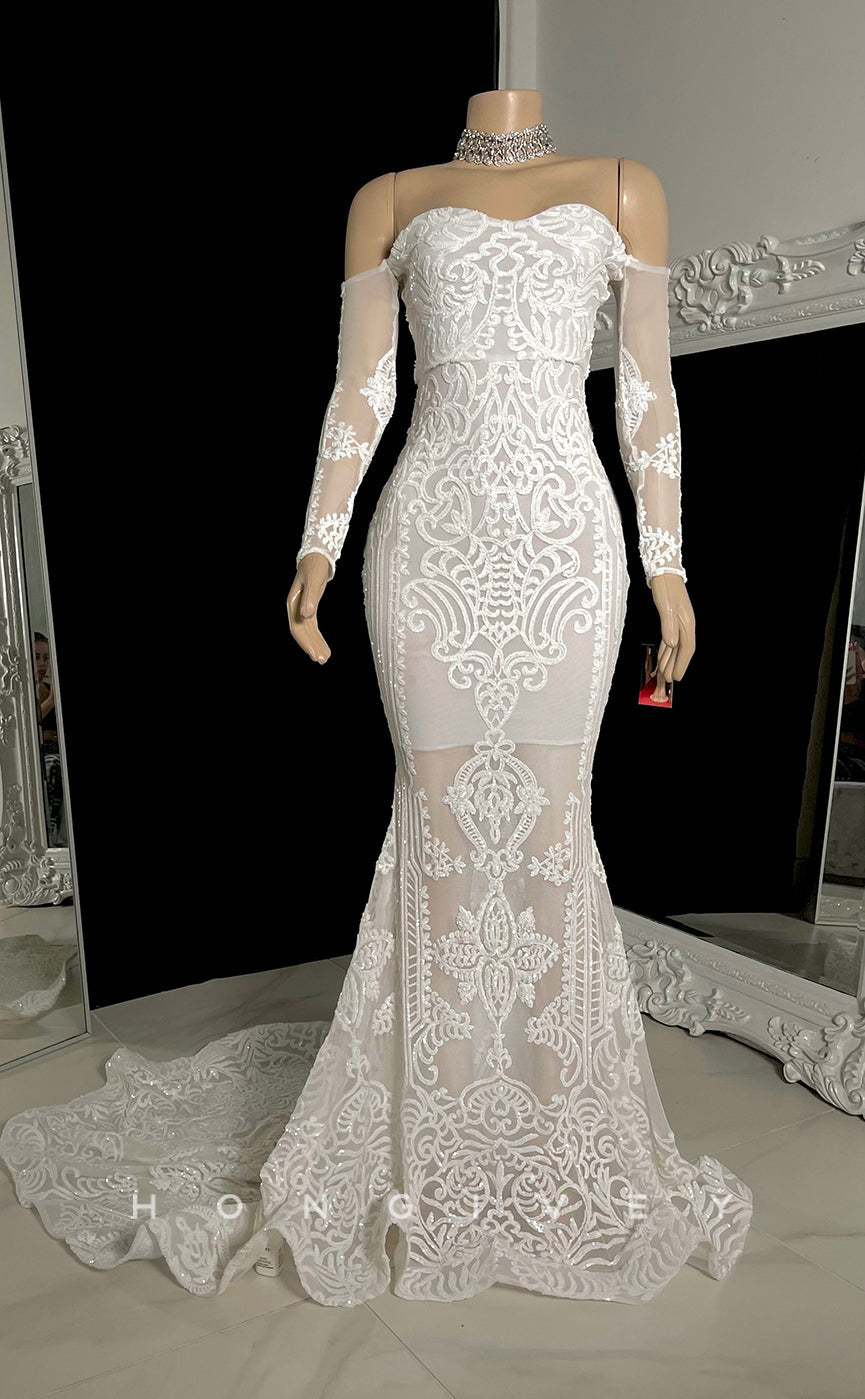 L2893 - Trumpet Off-Shoulder Long Sleeve Appliques Party Prom Evening Dress For Black Women - Fashionpara