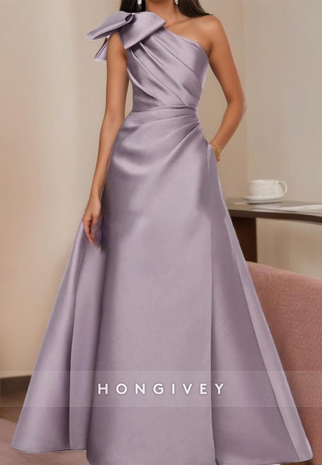 A-line Floor-Length Formal Dresses Mother of Bride One Shoulder Satin Pleated Bowknot Evening Gown