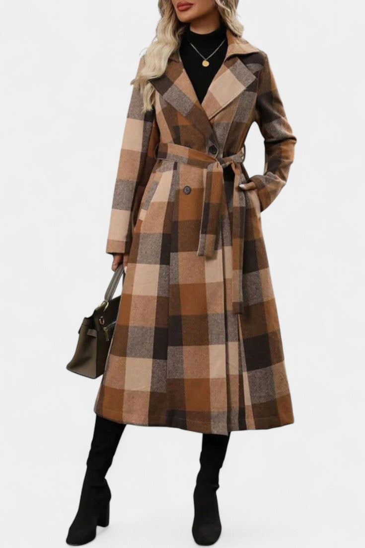 Plaid Double Breasted Notched Lapel Belted Longline Coat