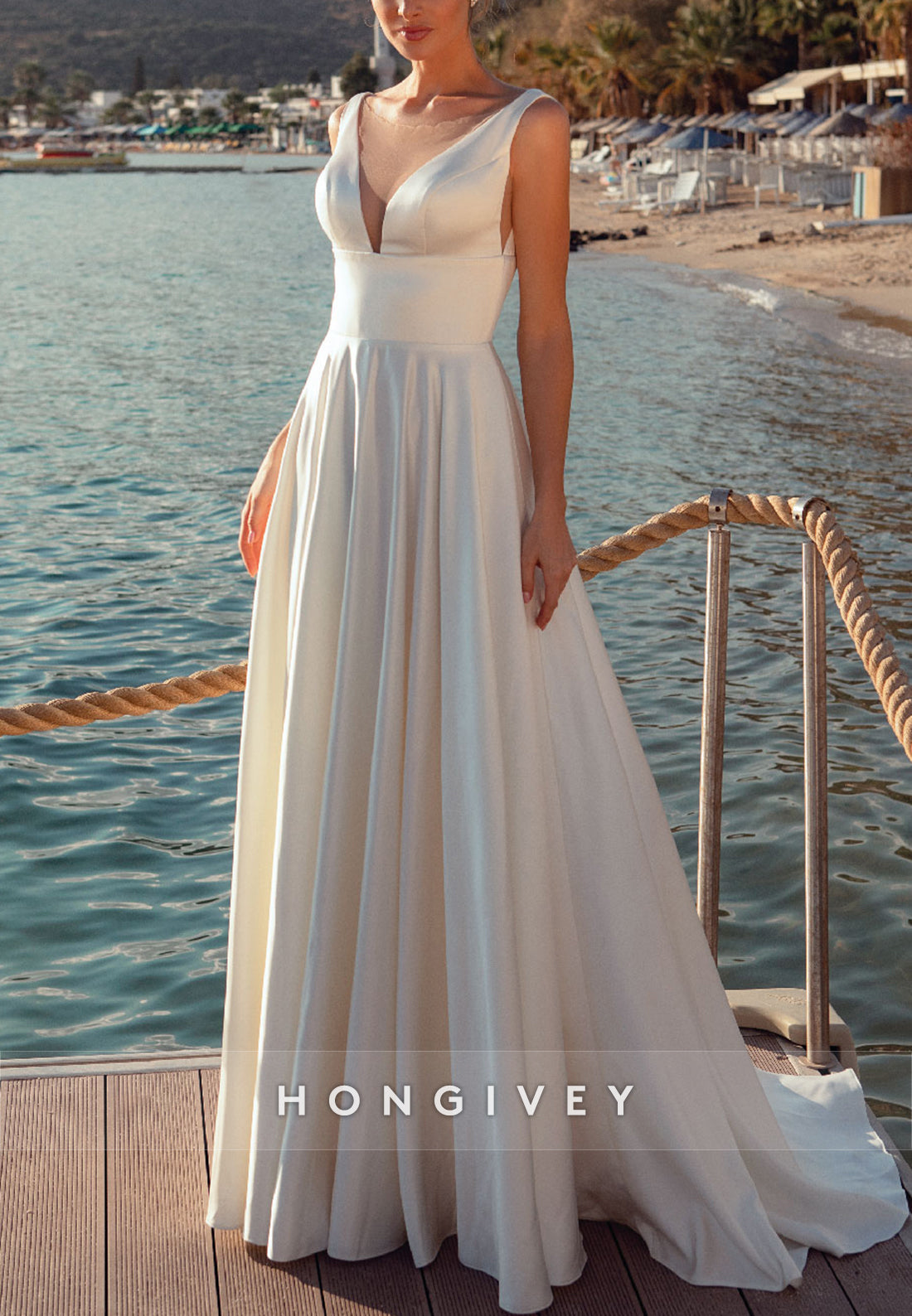 V Neck A-line Pleated Satin Sweep Train Cap Straps V Back Wedding Dresses