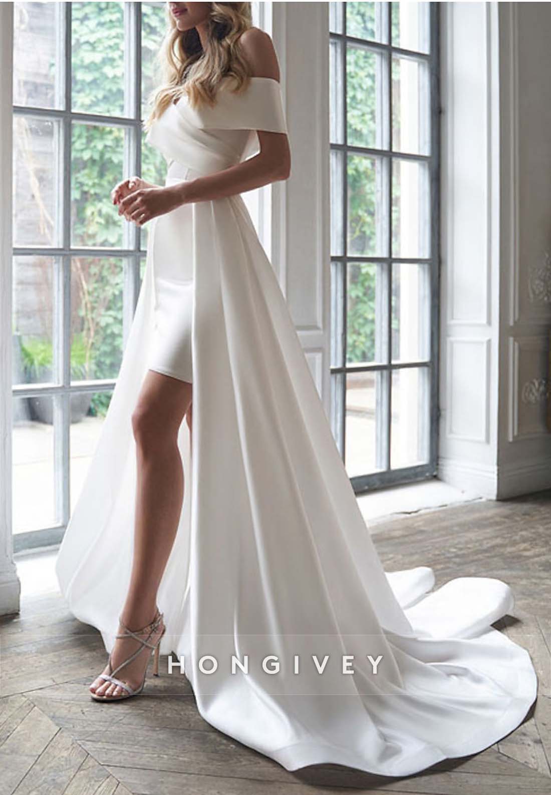 Simple Short Asymmetrical Detachable Off the Shoulder Sheath Pleated Wedding Dresses