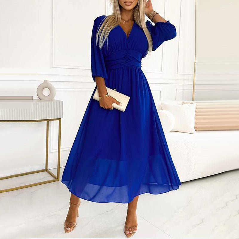 Chiffon Wrap V-Neck Long Puff Sleeve Ruched Waist Midi Dress - View 12