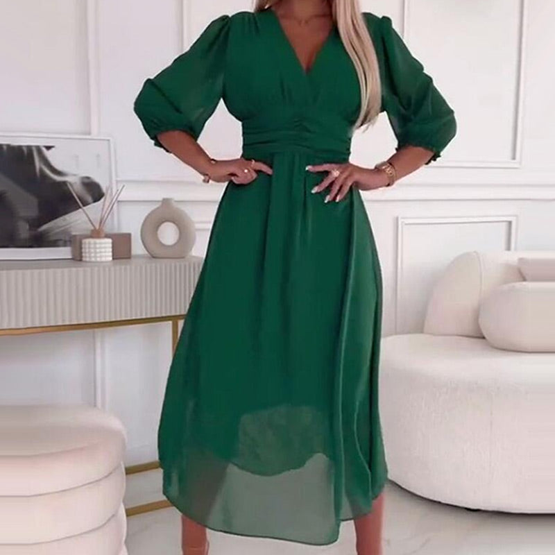 Chiffon Wrap V-Neck Long Puff Sleeve Ruched Waist Midi Dress - View 2