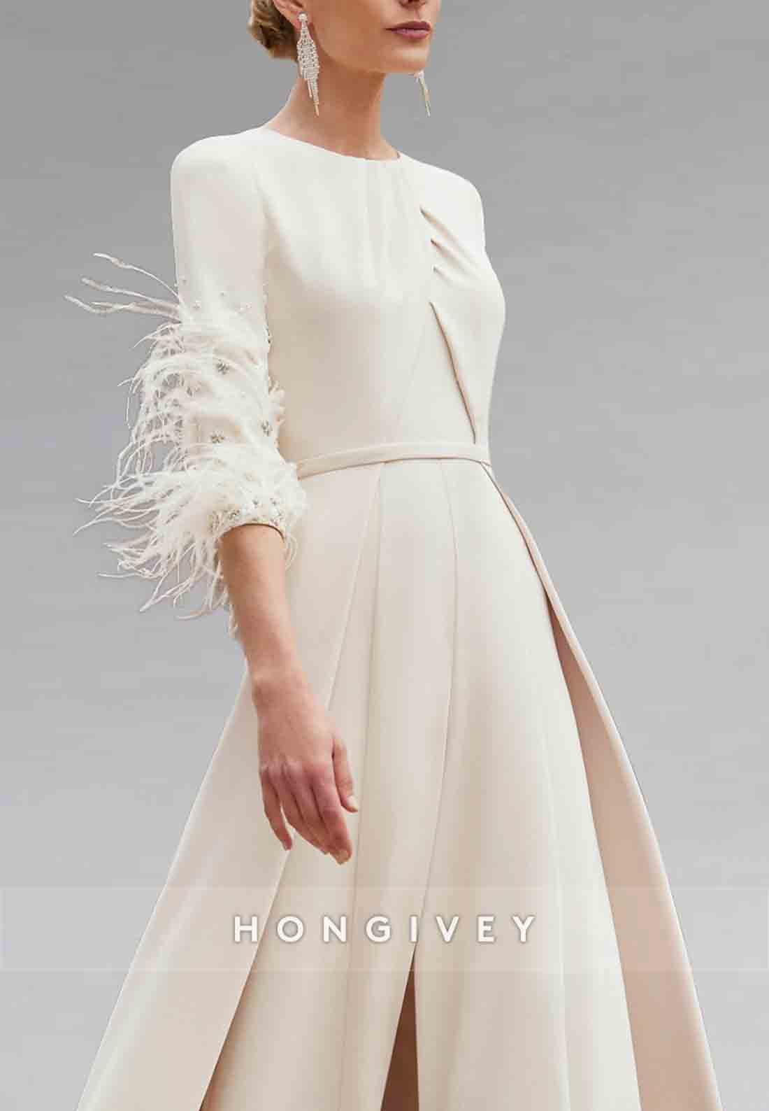 Feather A-line Floor-Length Pleated 3/4 Sleeve Mother of the Bride