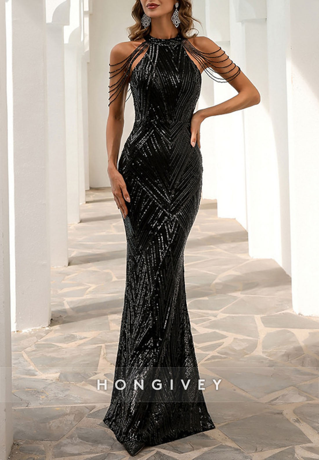 Floor-Length Halter Sleeveless Pleated Mermaid Evening Gown - Fashionpara