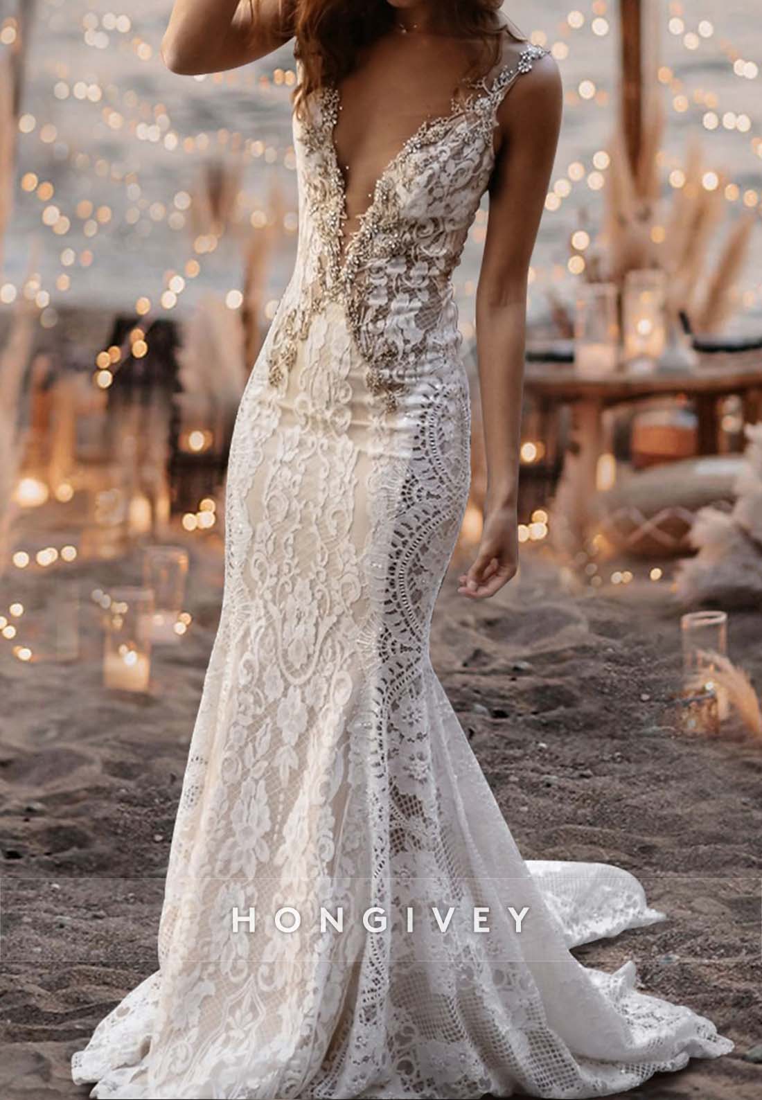 Backless Lace Sleeveless V Neck Pleated Regular Straps Trumpet Boho Wedding Dresses