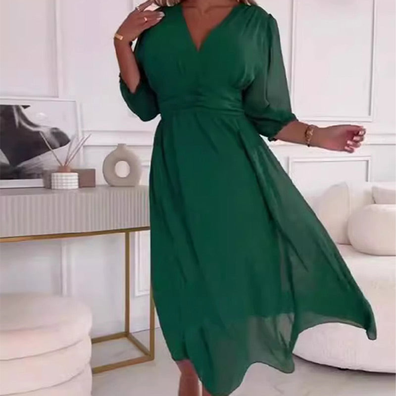 Chiffon Wrap V-Neck Long Puff Sleeve Ruched Waist Midi Dress - View 14