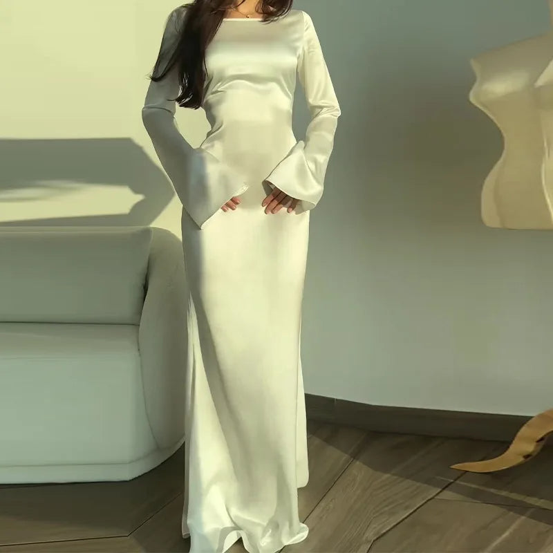 Satin Scoop Neck Bell Sleeve Ruched Waist Mermaid Maxi Dress - View 16