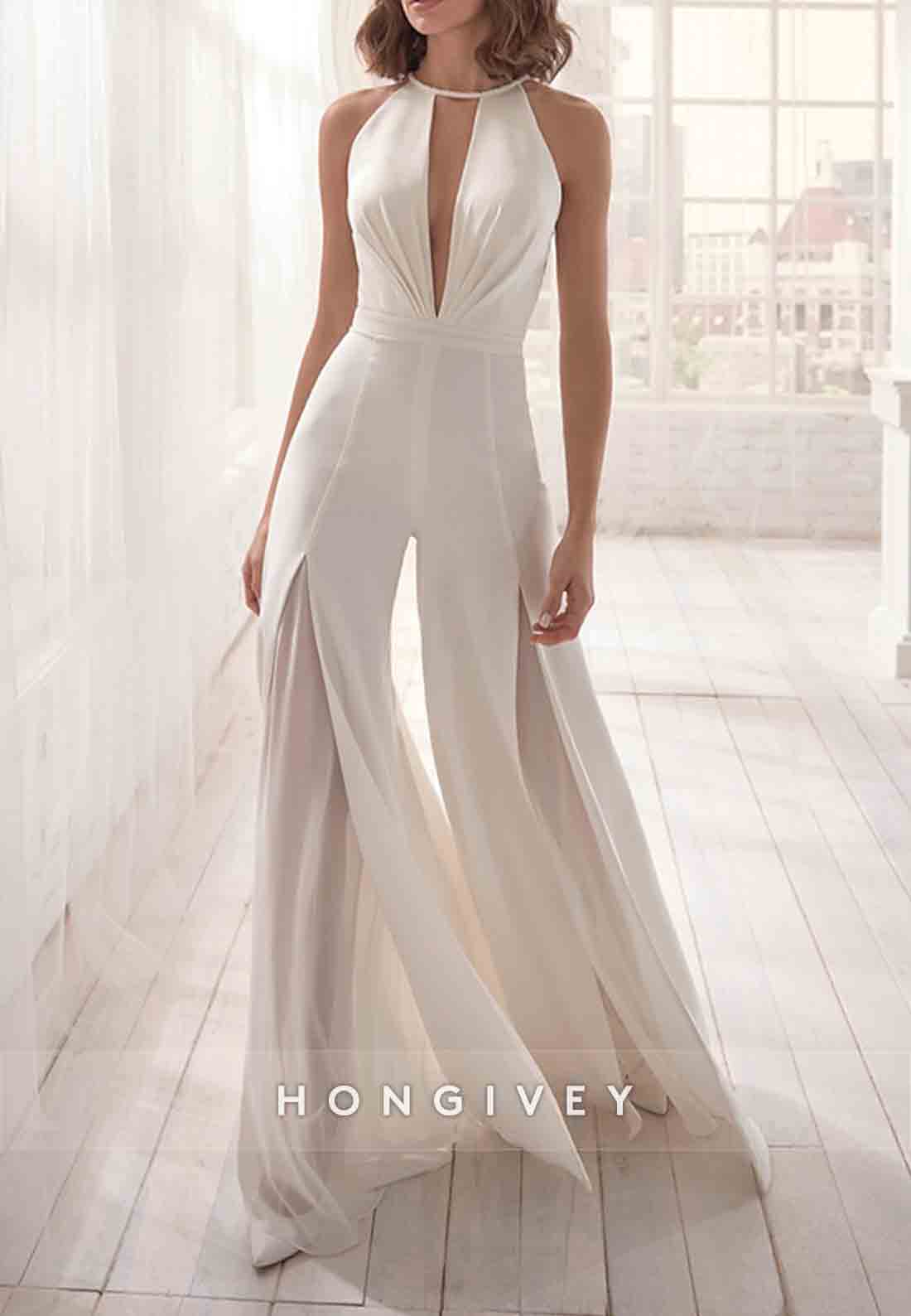 Low V-Neck Cut out Back Pleated Floor-Length Jumpsuit Wedding Dresses
