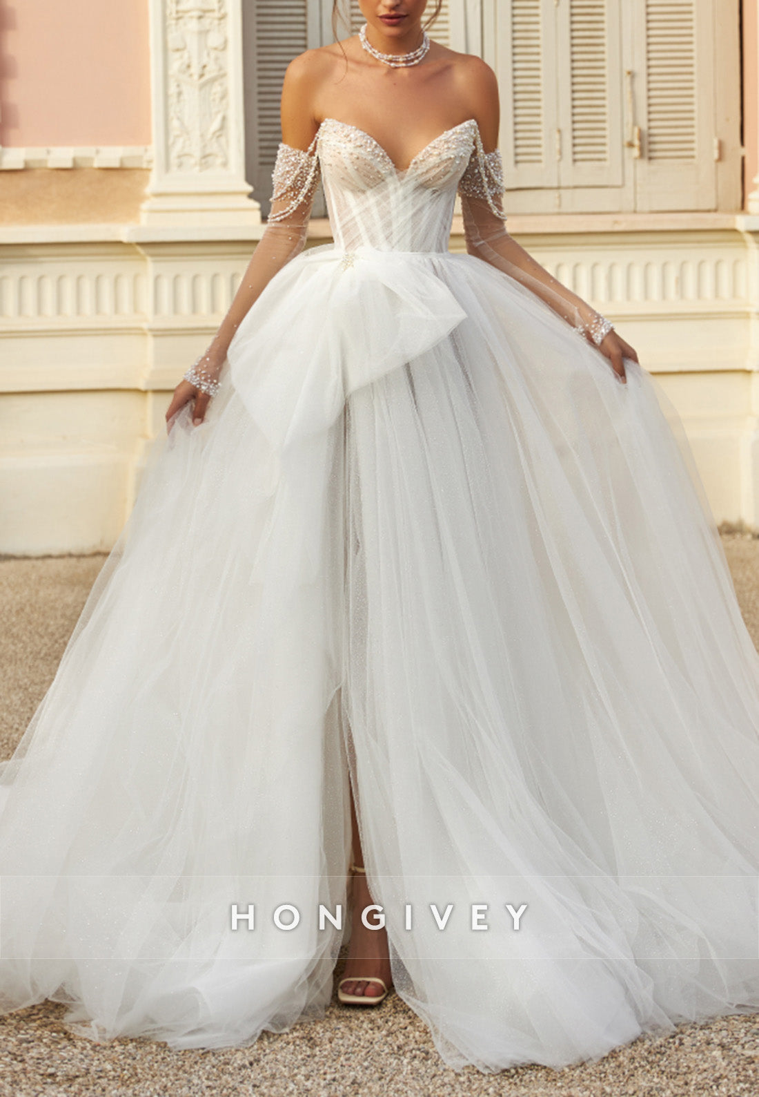 Tulle Off the Shoulder Ball Gown Chapel Train Strapless Low Back Wedding Dresses