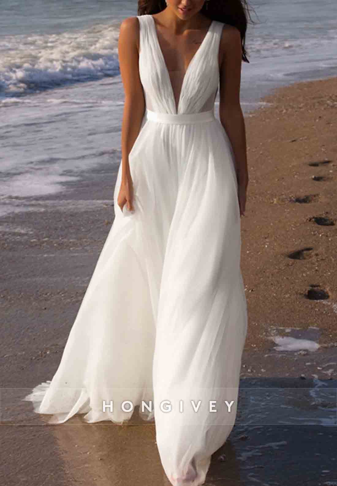 Low V-Neck Sleeveless Cap Straps A-Line Tulle V Back Wedding Dresses