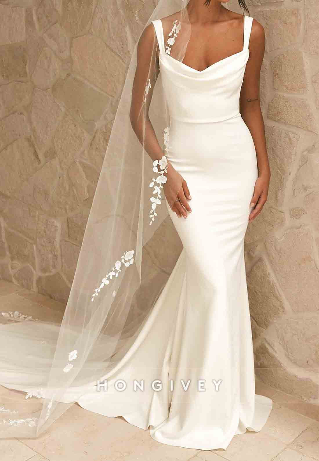 Cowl Neck Chapel Train Satin Regular Straps Low Back Mermaid Wedding Dresses