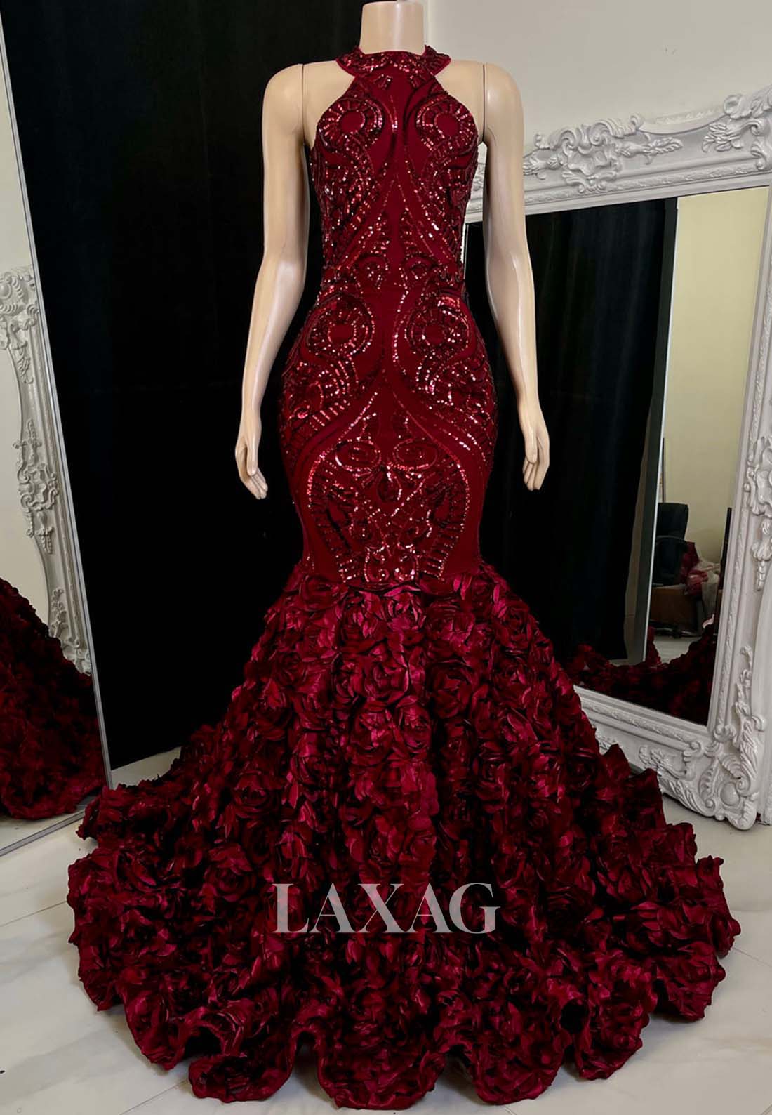 Halter-Neck Off-Shoulder Mermaid Prom Dress Sleeveless Glitter-Lace Pleated Party Gowns