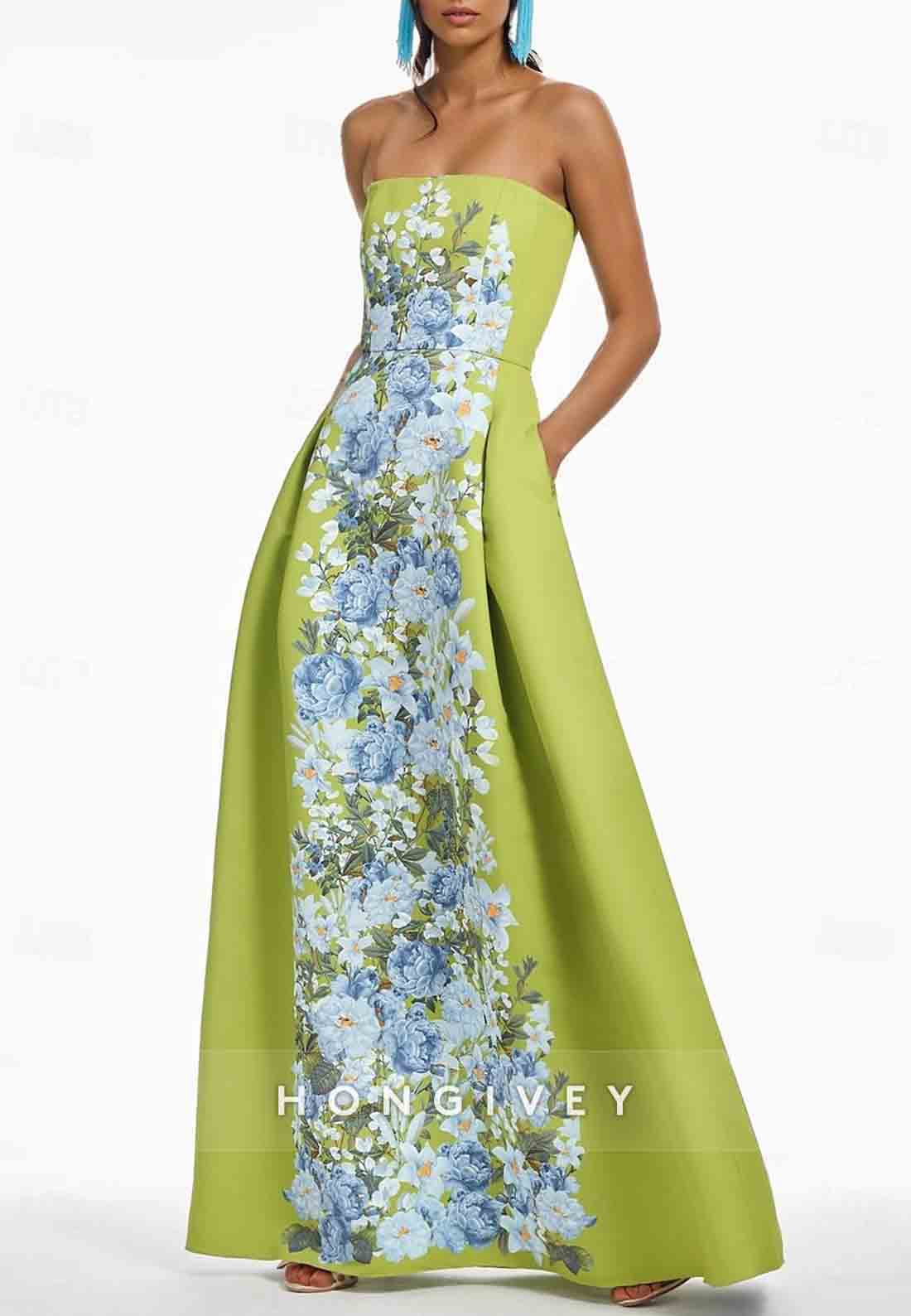 Floral A-Line Evening Gown Elegant Formal Wedding Floor-Length Strapless Satin