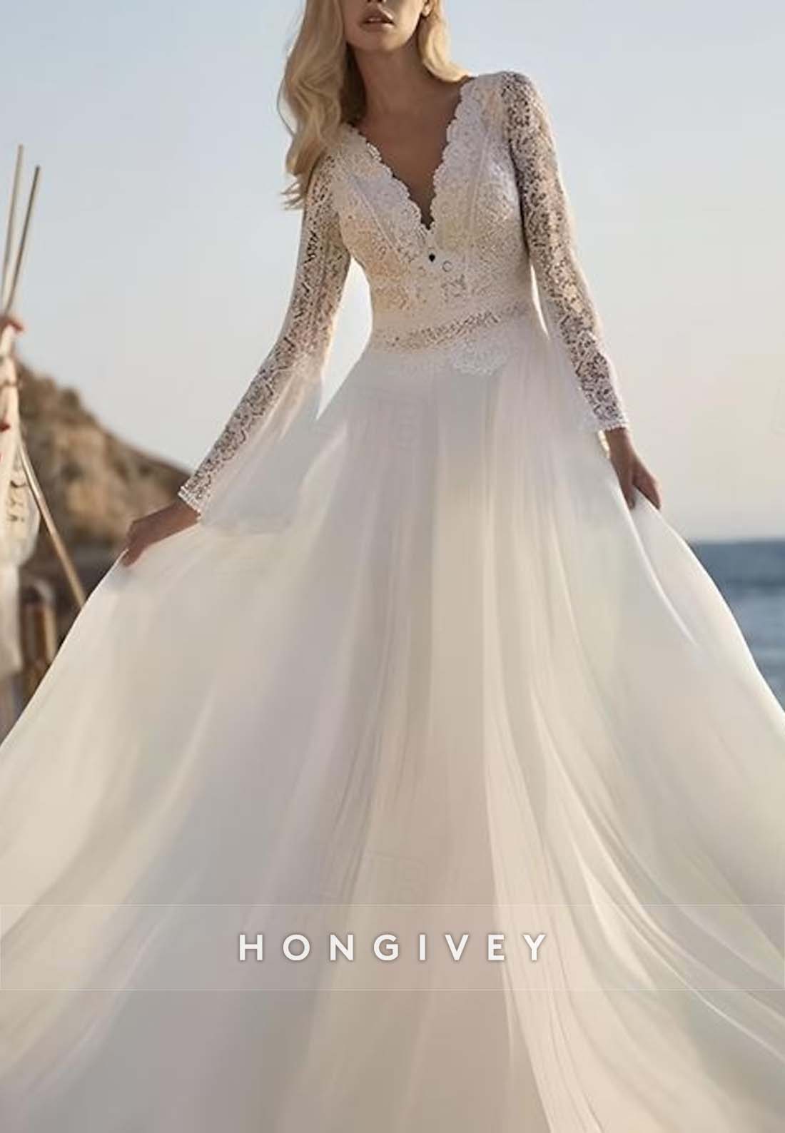 Scalloped Neck Bell Sleeves A-line Floor-Length Lace Boho Wedding Dresses