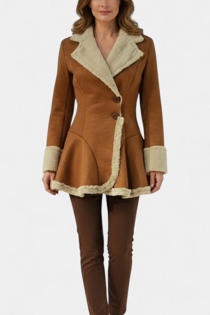 Faux Shearling Notch Collar Button Front Peplum Coat 4
