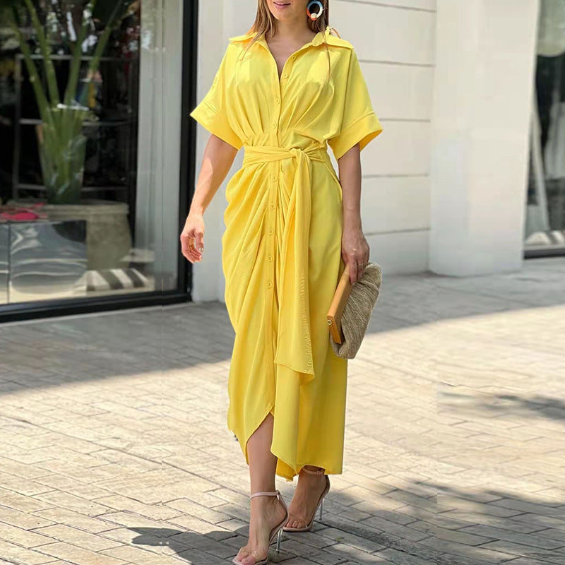 Collared Button Down Tie Belt Draped Ruched Midi Shirt Dress - View 4