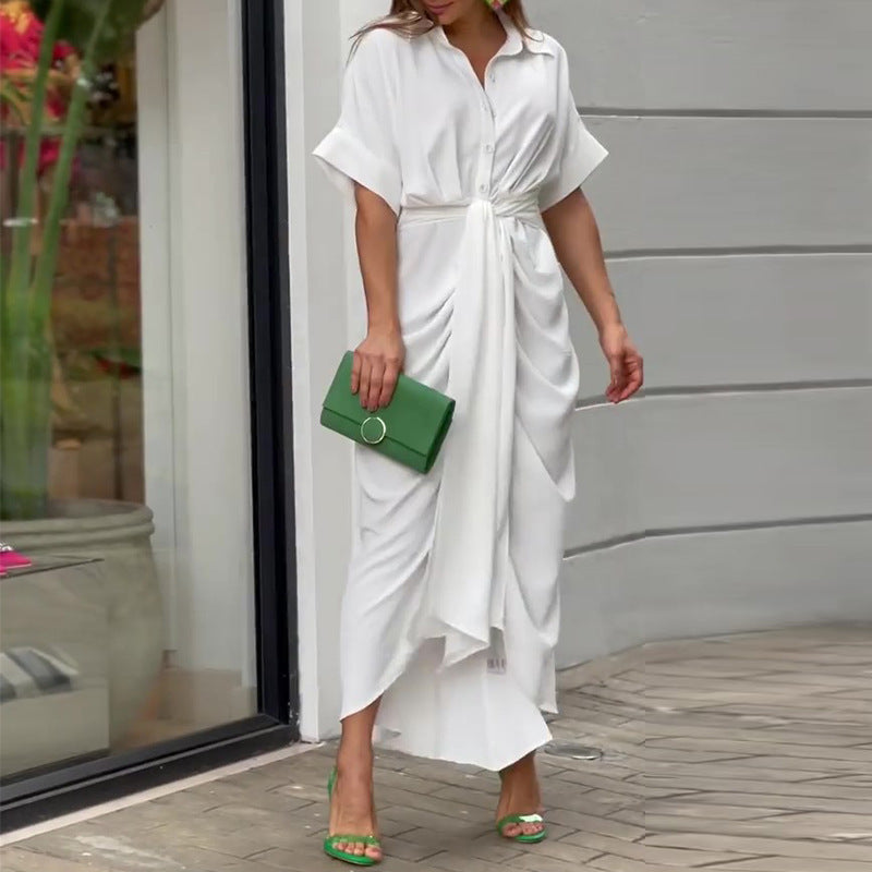 Collared Button Down Tie Belt Draped Ruched Midi Shirt Dress - View 2