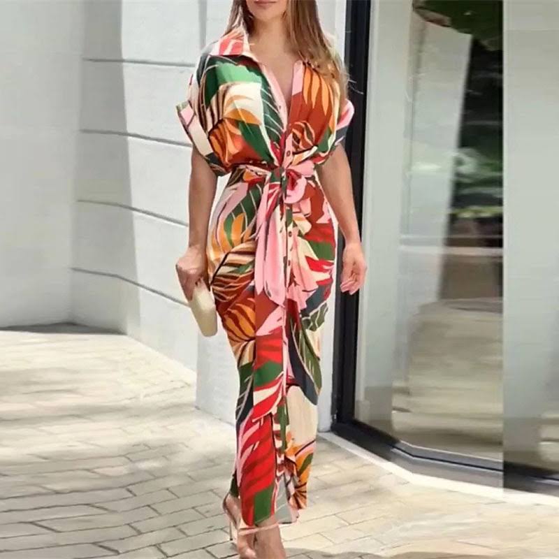 Collared Button Down Tie Belt Draped Ruched Midi Shirt Dress - View 3