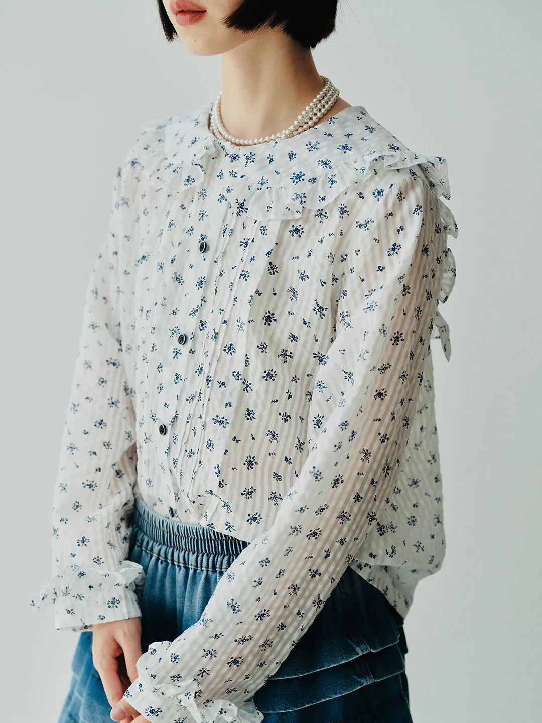 Japanese Floral Navy Collar Long Sleeve Shirt