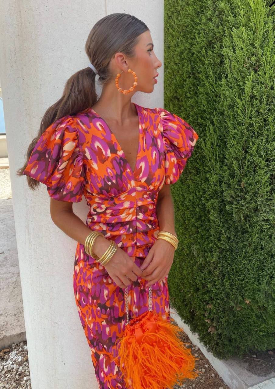 Deep V-Neck Puff Sleeve Ruched Bodycon Midi Dress
