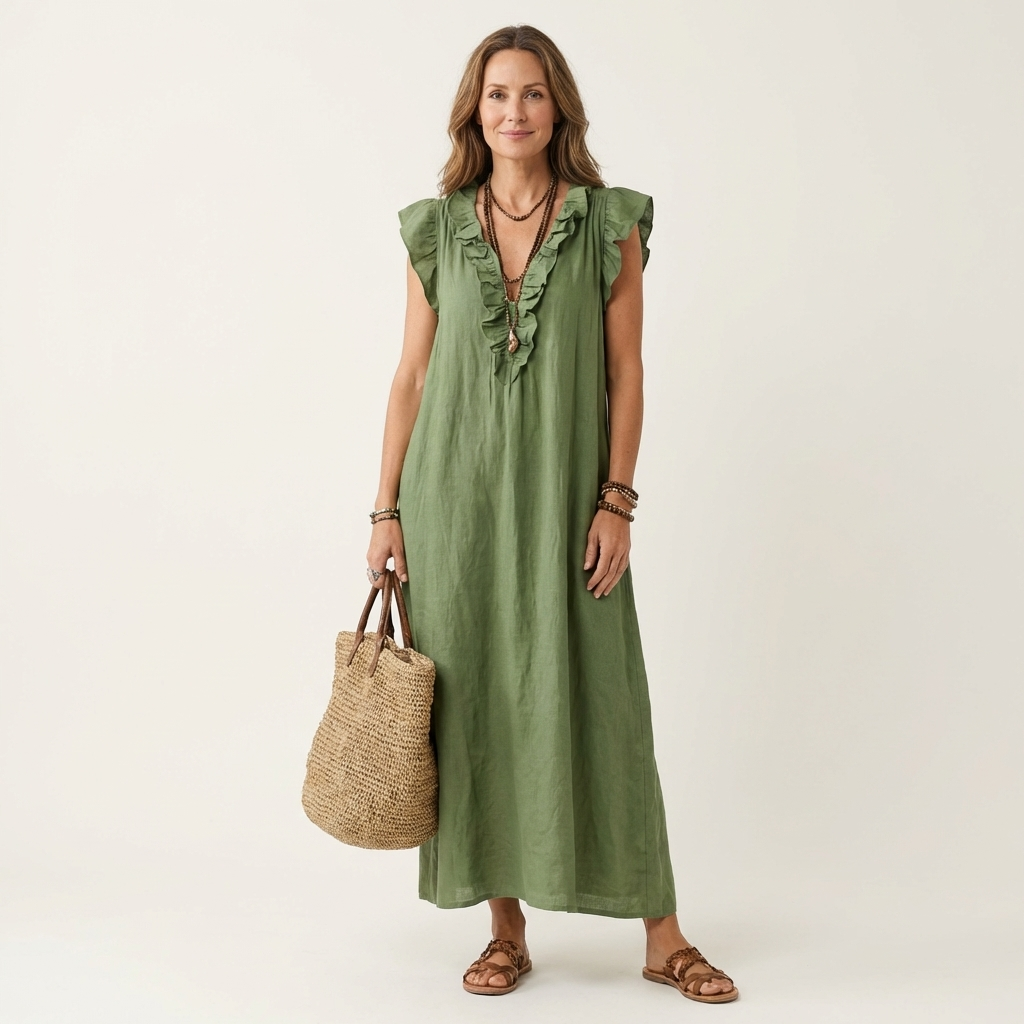 Ruffle V-Neck Sleeveless Linen Look Maxi Dress 15