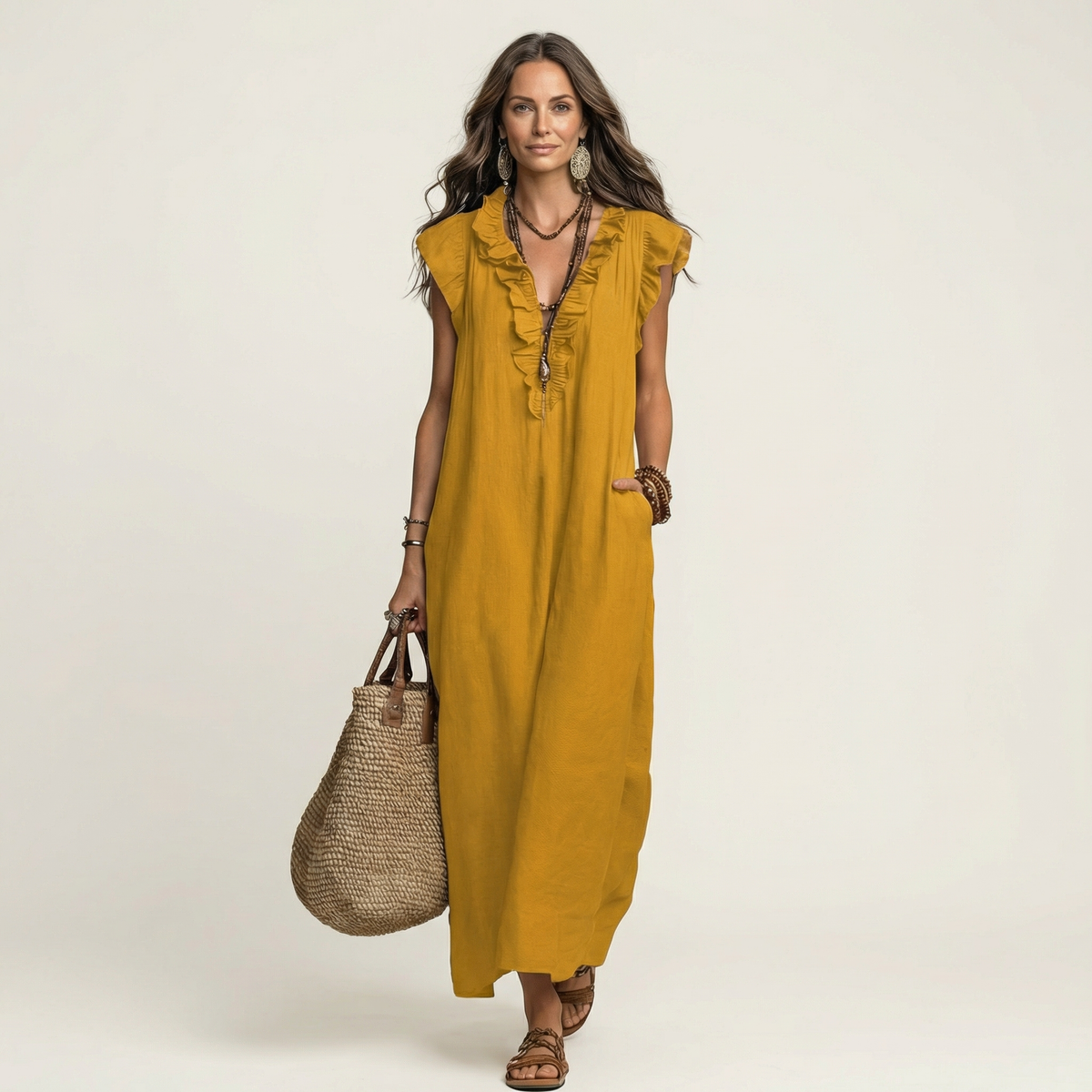 Ruffle V-Neck Sleeveless Linen Look Maxi Dress 17