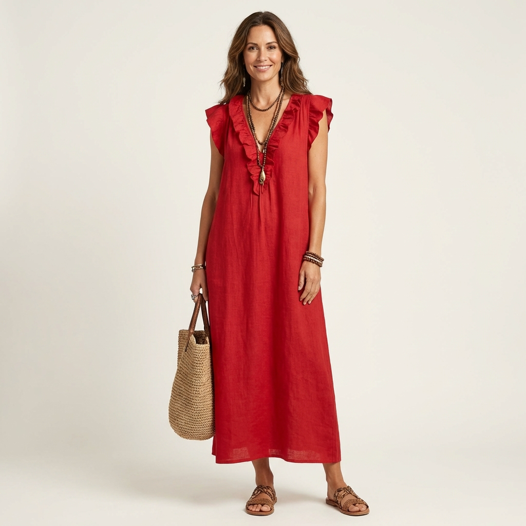Ruffle V-Neck Sleeveless Linen Look Maxi Dress 8