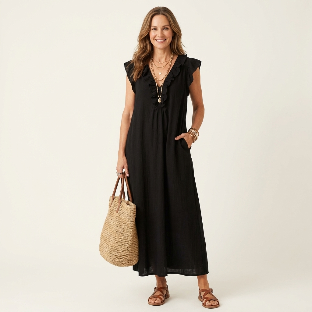 Ruffle V-Neck Sleeveless Linen Look Maxi Dress 13