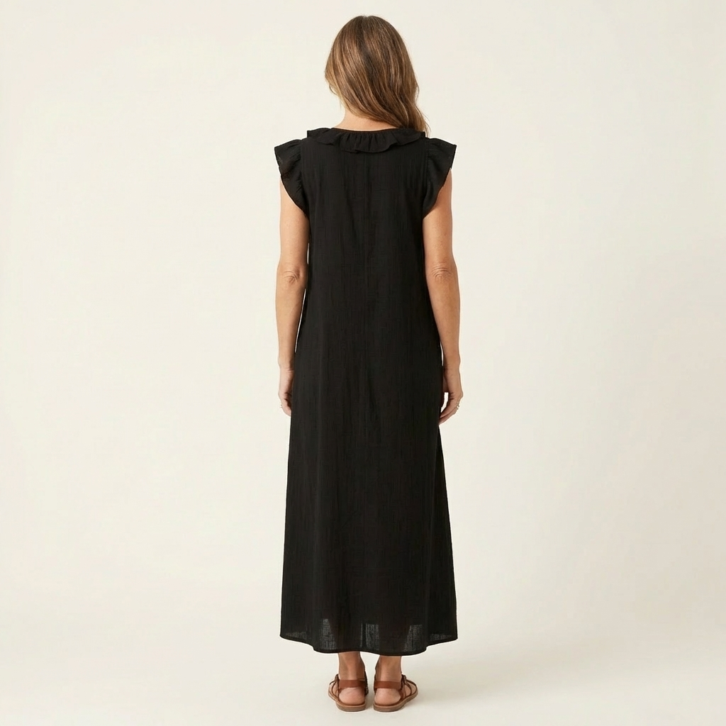 Ruffle V-Neck Sleeveless Linen Look Maxi Dress 14