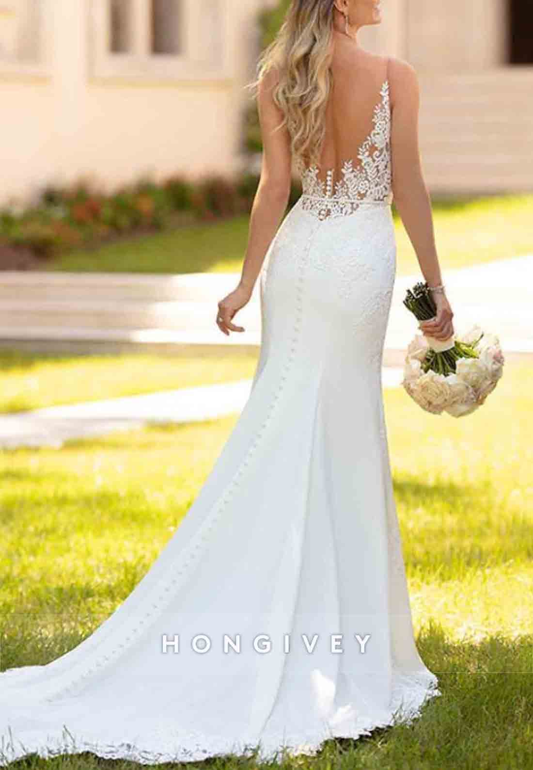 Sleeveless V Back Low Lace V-Neck Court Train Trumpet Boho Wedding Dresses
