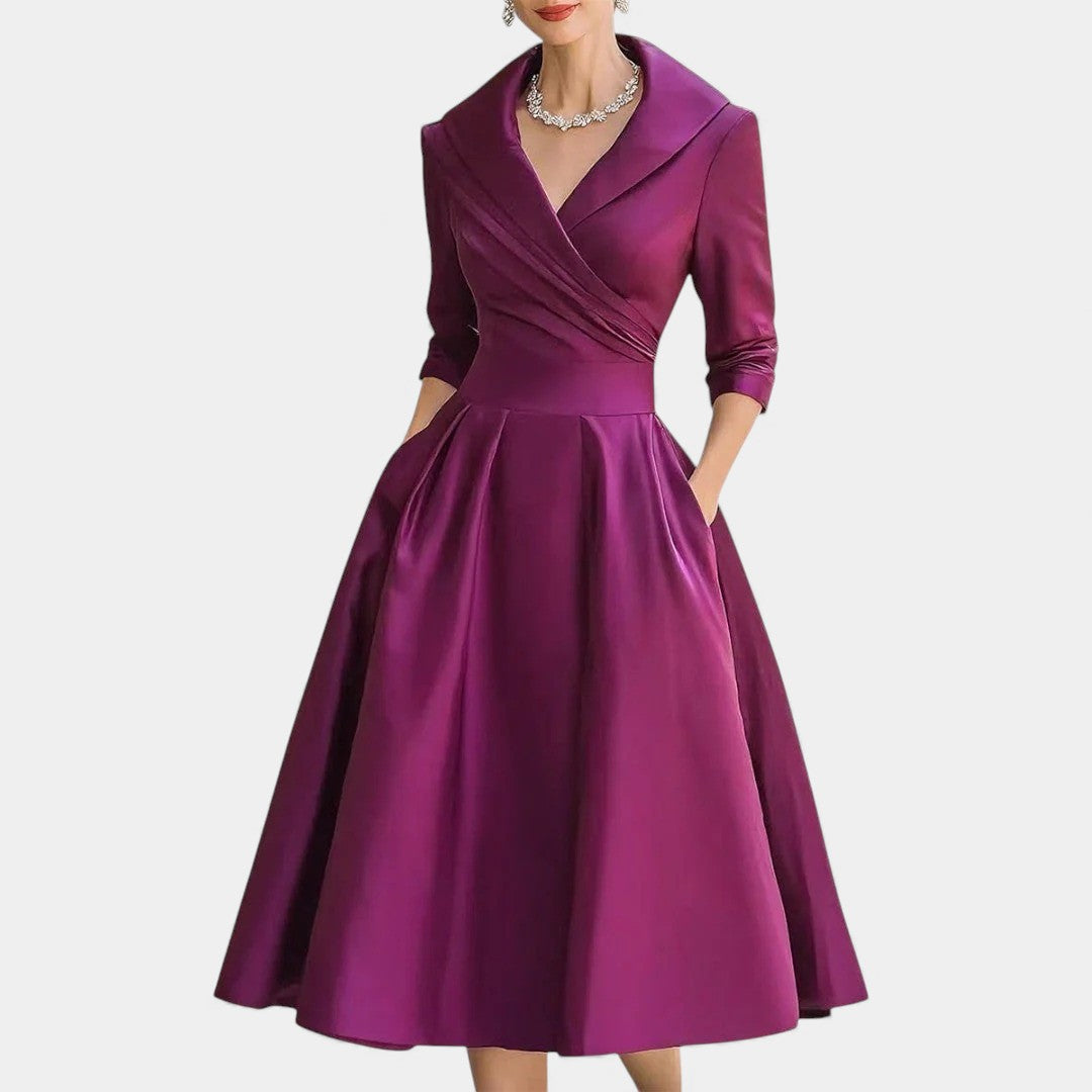 Shawl Collar Surplice Three Quarter Sleeve Fit and Flare Satin Midi Dress 2