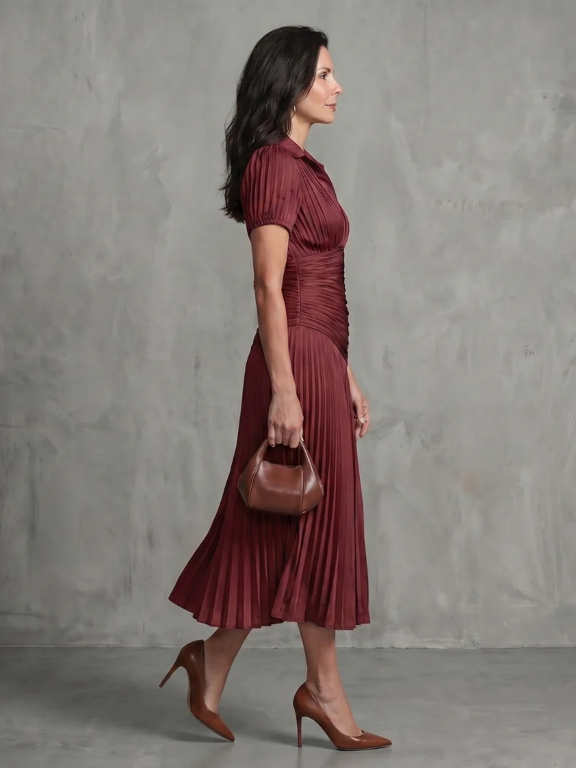 Collared Short Sleeve Pleated Ruched Midi Dress 10