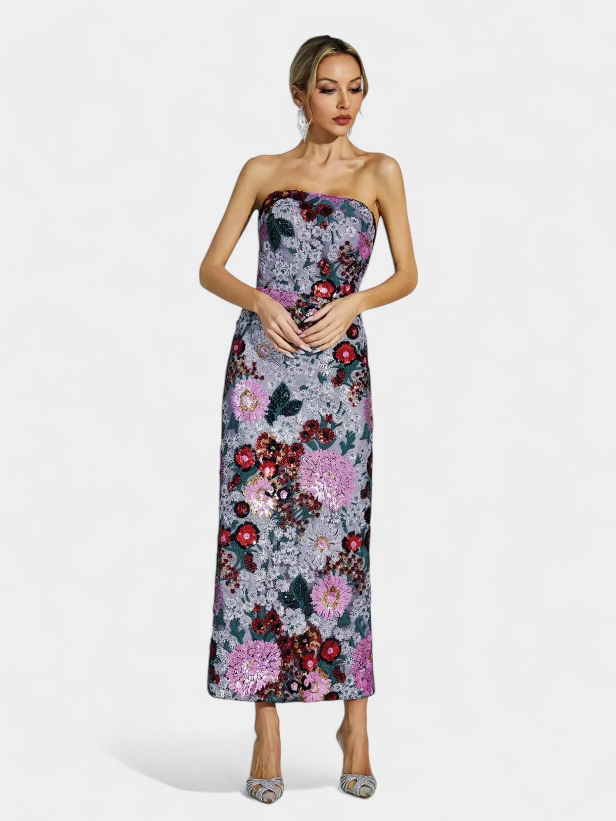 Strapless Floral Sequin Bodycon Midi Dress