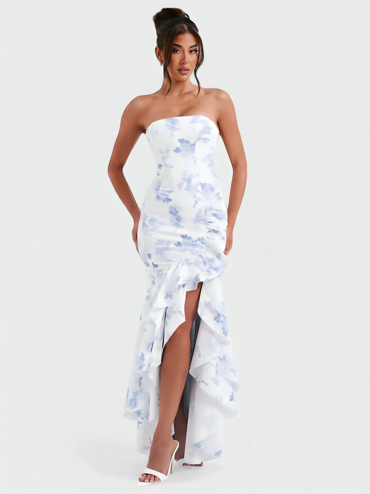 Strapless Floral Ruffle High Low Fishtail Maxi Dress