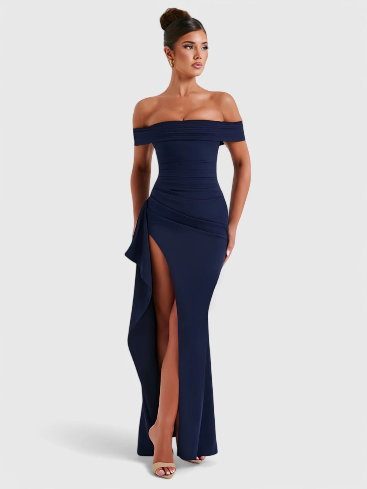 Off Shoulder Ruched High Split Maxi Dress 6