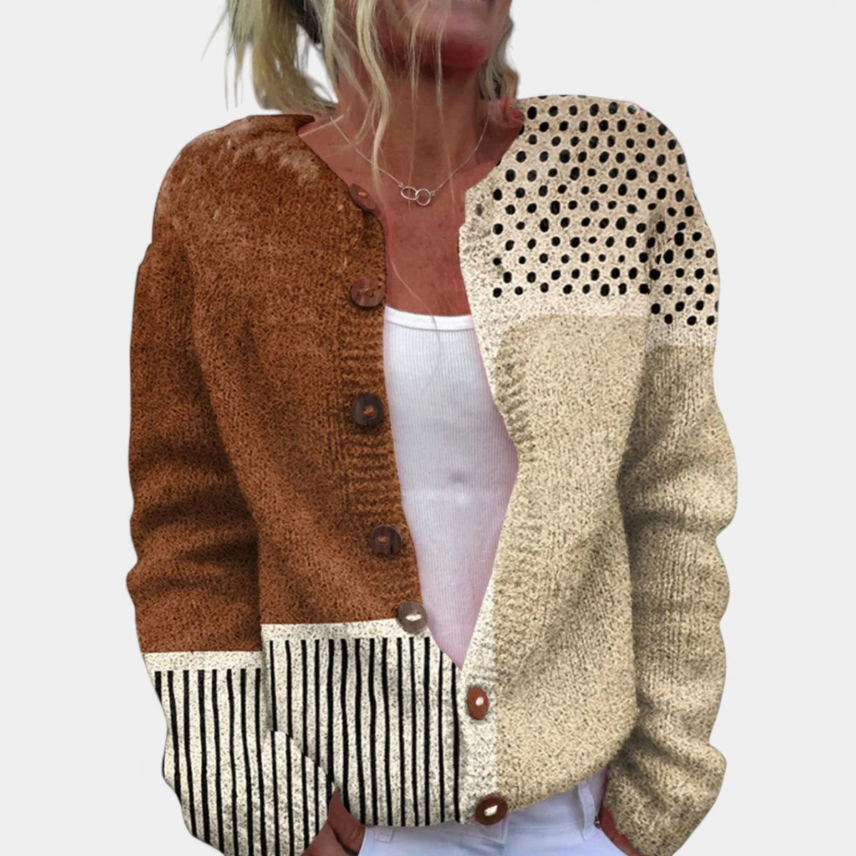 Patchwork Colorblock Button Front Knit Cardigan