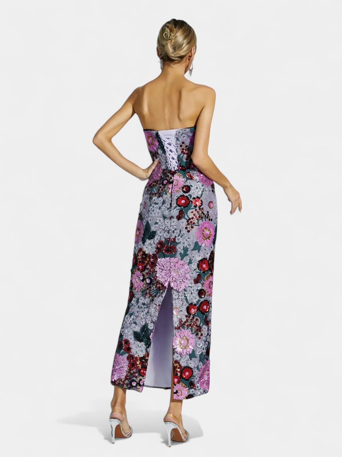 Strapless Floral Sequin Bodycon Midi Dress 3