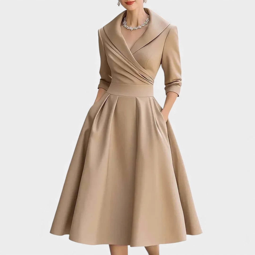 Shawl Collar Surplice Three Quarter Sleeve Fit and Flare Satin Midi Dress 3
