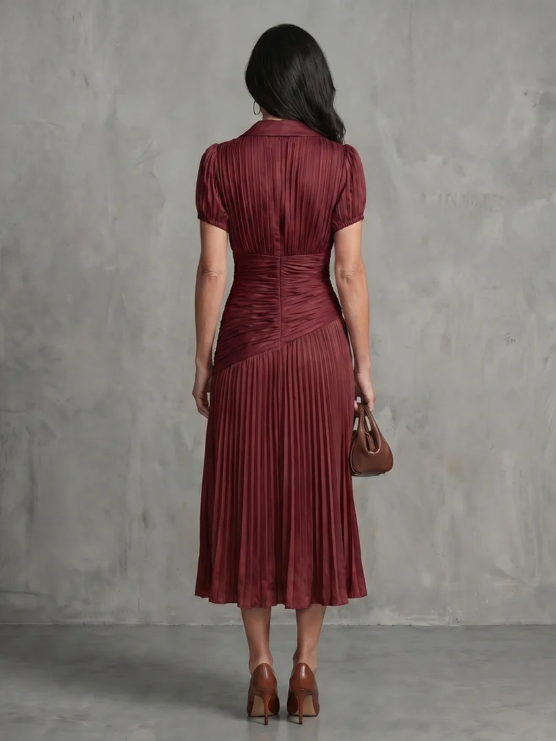 Collared Short Sleeve Pleated Ruched Midi Dress 11