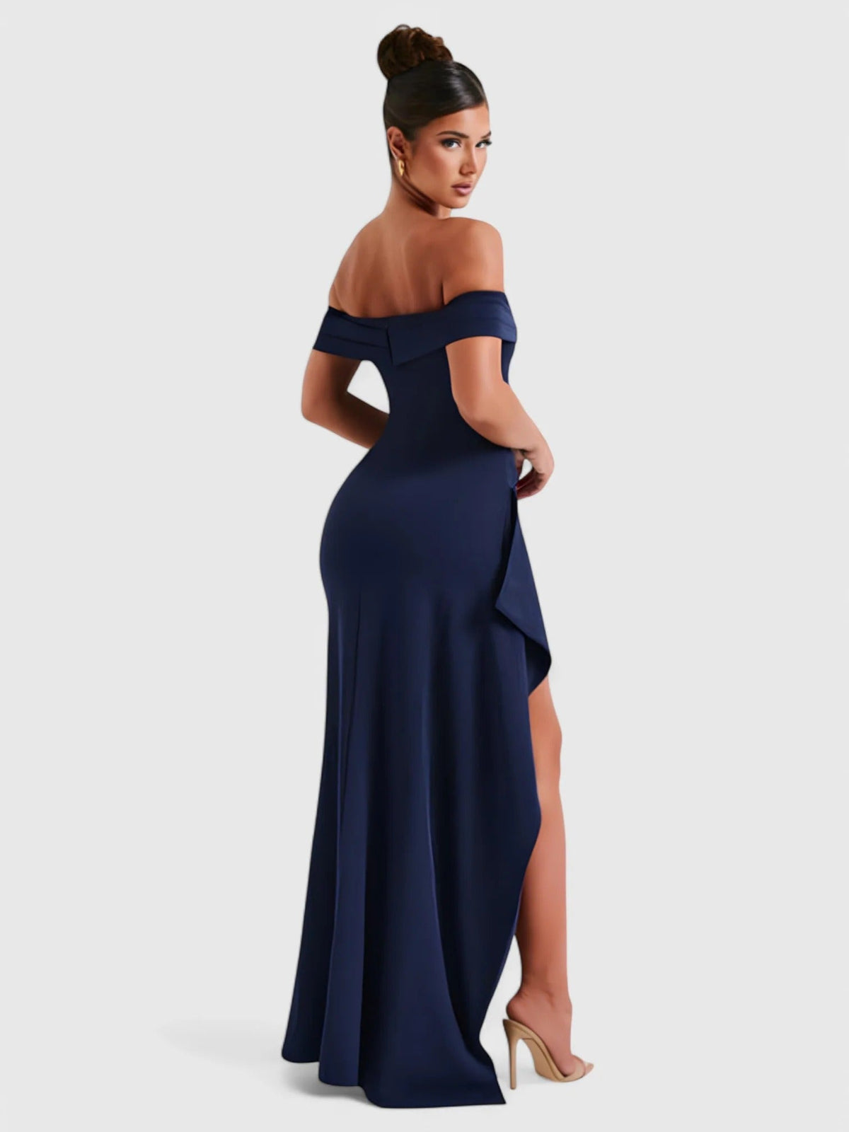 Off Shoulder Ruched High Split Maxi Dress 9
